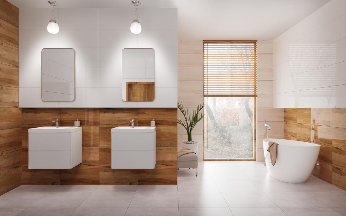 Płytki Vijo Vena imitujące wygląd drewna w wizualizacji łazienki.
